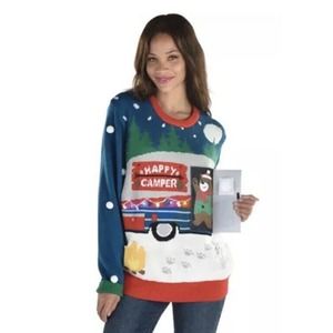 Happy Camper Light Up Ugly Christmas Sweater Limited Edition S/M NWT‎ Battery Op